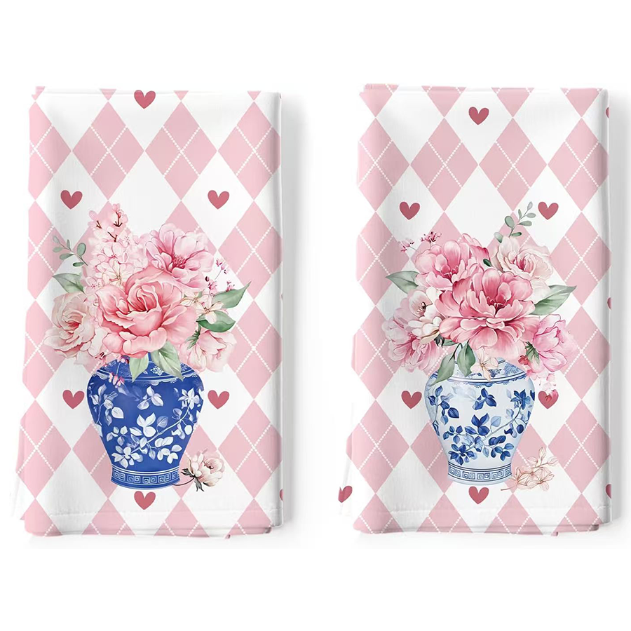 Kitchen Baking Necessities - 2Pcs, Pink and White Diamond-Patterned Heart-Shaped